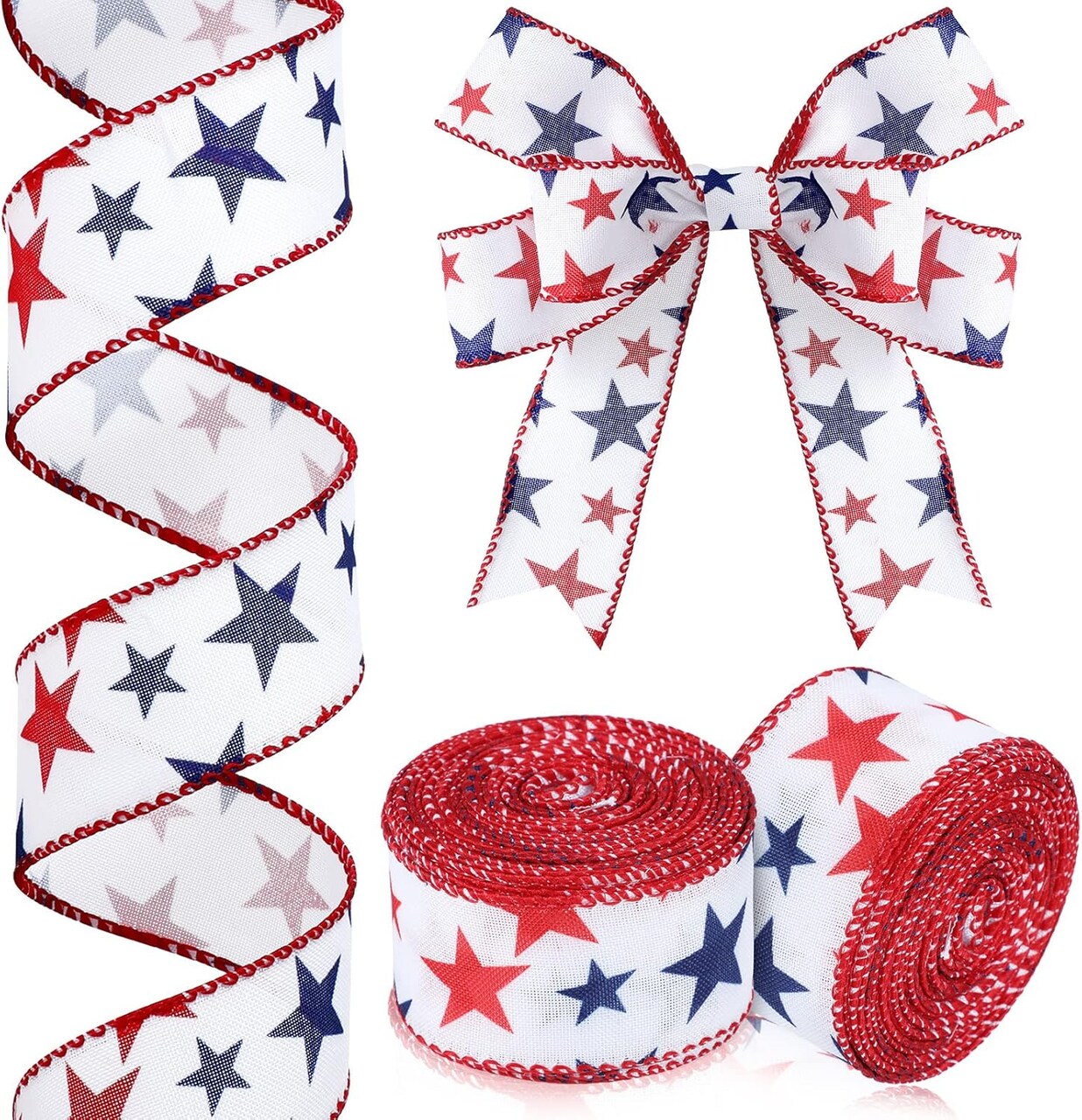 2 Rolls 20 Yards Red White Blue Ribbon Independence Day Stars Flag 4th of July Patriot Ribbon Memorial Day Decor Fabric Patriotic Patriot Labor for Party Decoration